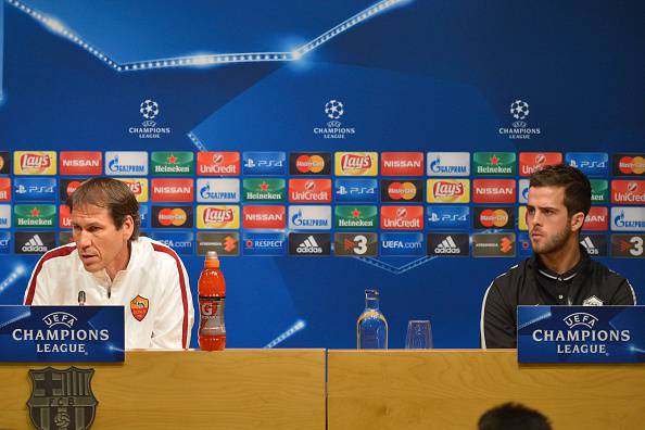 Rudi Garcia e Miralem Pjanic in conferenza stampa (getty Images)