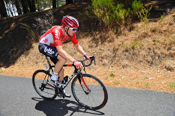 Adam Hansen from Lotto Soudal breaks away during the stage 2 of the Tour Down Under cycling race from Unley to Stirling in Adelaide on January 20, 2016.   AFP PHOTO / DAVID MARIUZ IMAGE STRICTLY FOR EDITORIAL USE - STRICTLY NO COMMERCIAL USE / AFP / DAVID MARIUZ        (Photo credit should read DAVID MARIUZ/AFP/Getty Images)