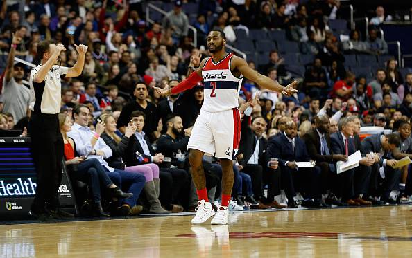 WASHINGTON, DC - FEBRUARY 05: John Wall #2 of the Washington Wizards celebrates after hitting a three pointer in the second half against the Philadelphia 76ers at Verizon Center on February 5, 2016 in Washington, DC. NOTE TO USER: User expressly acknowledges and agrees that, by downloading and or using this photograph, User is consenting to the terms and conditions of the Getty Images License Agreement. (Photo by Rob Carr/Getty Images)