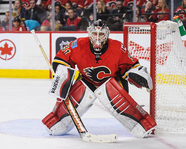 CALGARY, AB - FEBRUARY 5: Karri Ramo #31 of the Calgary Flames in action against the Columbus Blue Jackets during an NHL game at Scotiabank Saddledome on February 5, 2016 in Calgary, Alberta, Canada. (Photo by Derek Leung/Getty Images)