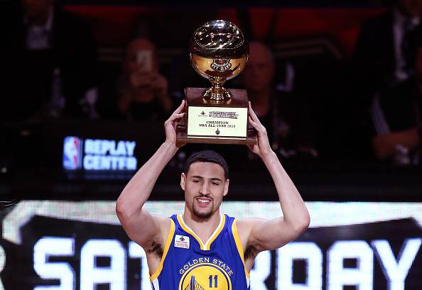 TORONTO, ON - FEBRUARY 13: Klay Thompson of the Golden State Warriors holds up the trophy after winning the Foot Locker Three-Point Contest during NBA All-Star Weekend 2016 at Air Canada Centre on February 13, 2016 in Toronto, Canada. NOTE TO USER: User expressly acknowledges and agrees that, by downloading and/or using this Photograph, user is consenting to the terms and conditions of the Getty Images License Agreement. (Photo by Vaughn Ridley/Getty Images)