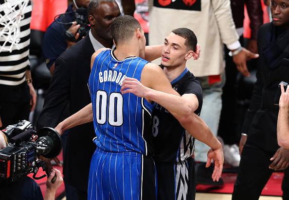 TORONTO, ON - FEBRUARY 13: Aaron Gordon of the Orlando Magic and Zach LaVine of the Minnesota Timberwolves react after the Verizon Slam Dunk Contest during NBA All-Star Weekend 2016 at Air Canada Centre on February 13, 2016 in Toronto, Canada. NOTE TO USER: User expressly acknowledges and agrees that, by downloading and/or using this Photograph, user is consenting to the terms and conditions of the Getty Images License Agreement. (Photo by Vaughn Ridley/Getty Images)