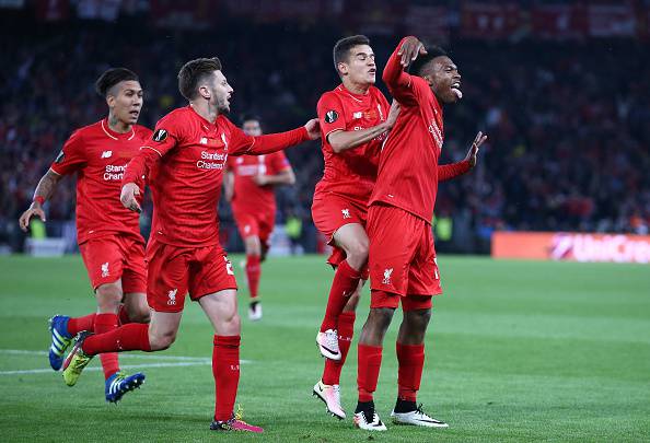 Daniel Sturridge e il Liverpool festeggiano dopo il gol nella finale di Europa League