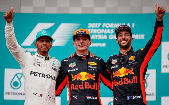 Hamilton, Verstappen e Ricciardo gp malesia