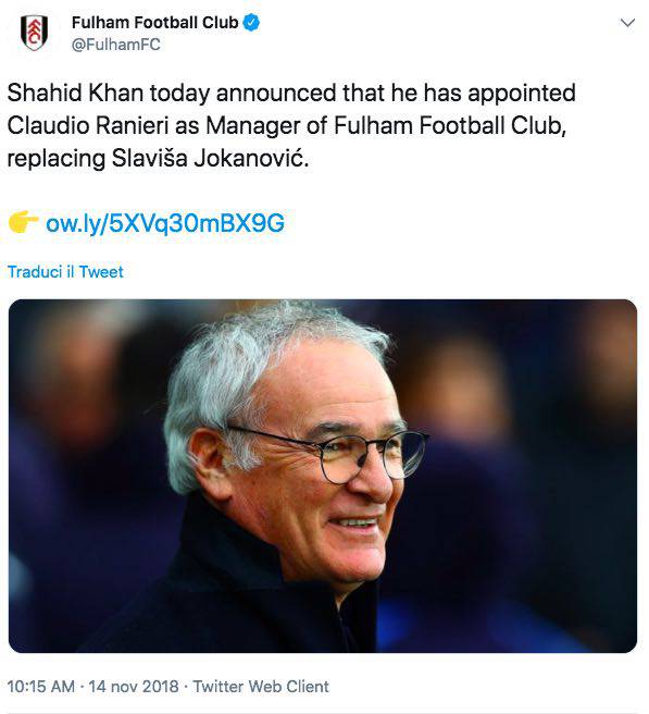Il Fulham ha reso Ufficiale l’ingaggio del tecnico romano.