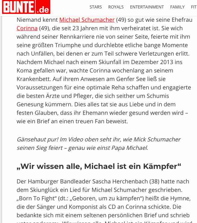 Lettera moglie Schumacher al magazine tedesco Bunte