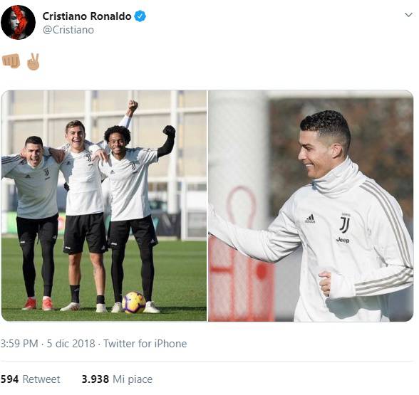 Cristiano Ronaldo su twitter in vista della sfida con l'Inter