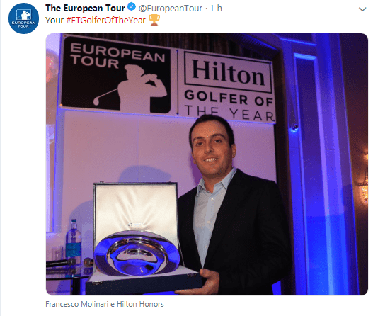 Golf - Francesco Molinari con il premio del miglior giocatore dell'anno