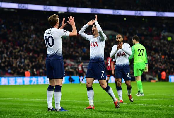 Kane Son esultano in Tottenham-Bournemout