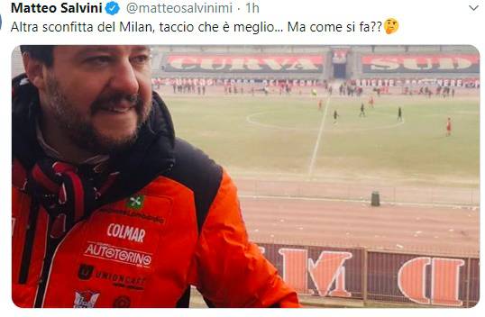 Matteo Salvini post Twitter dopo sconfitta Milan