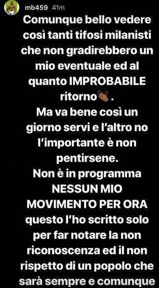 Messaggio di Mario Balotelli su Instagram