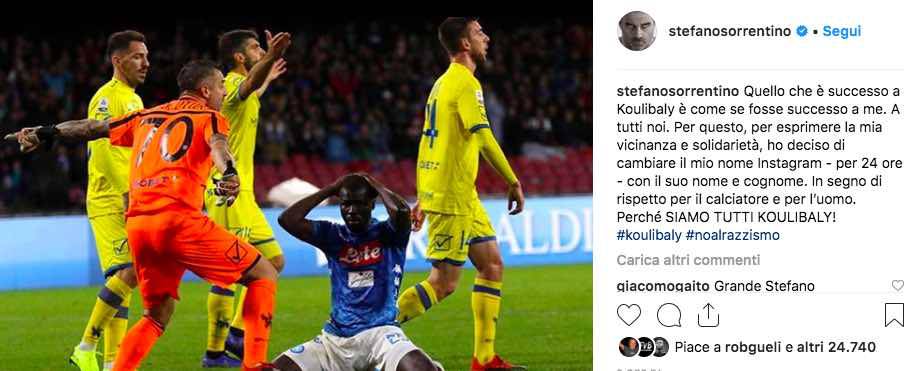 Sorrentino su Instagram solidarietà a Koulibaly