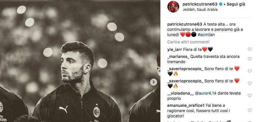 Patrick Cutrone su instagram incita i compagni e guarda avanti