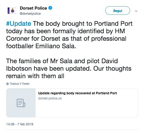 Comunicato polizia Dorset scomparsa Emiliano Sala