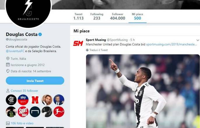 Douglas Costa il like su twitter fa discutere