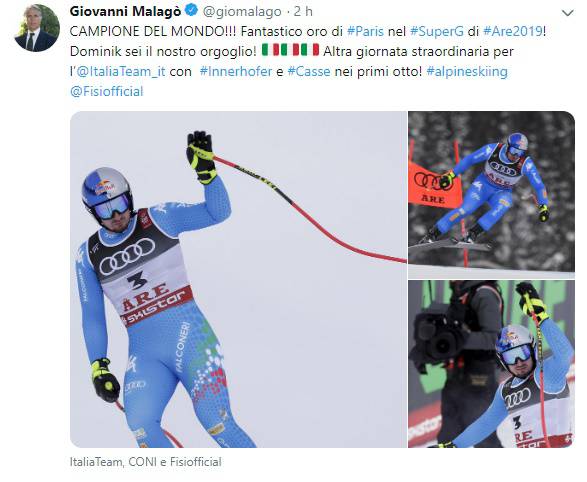 Giovanni Malagò si complimenta con Dominik Paris per l'Oro mondiale