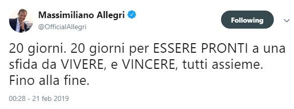 Max Allegri messaggio social ai tifosi della Juventus