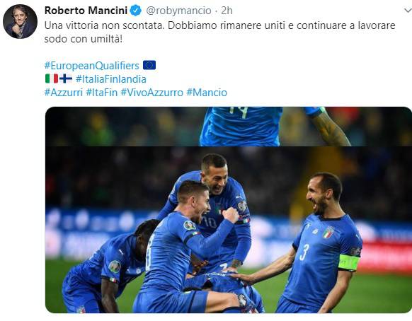 Il ct Mancini commenta la vittoria Azzurra sulla Finlandia via social