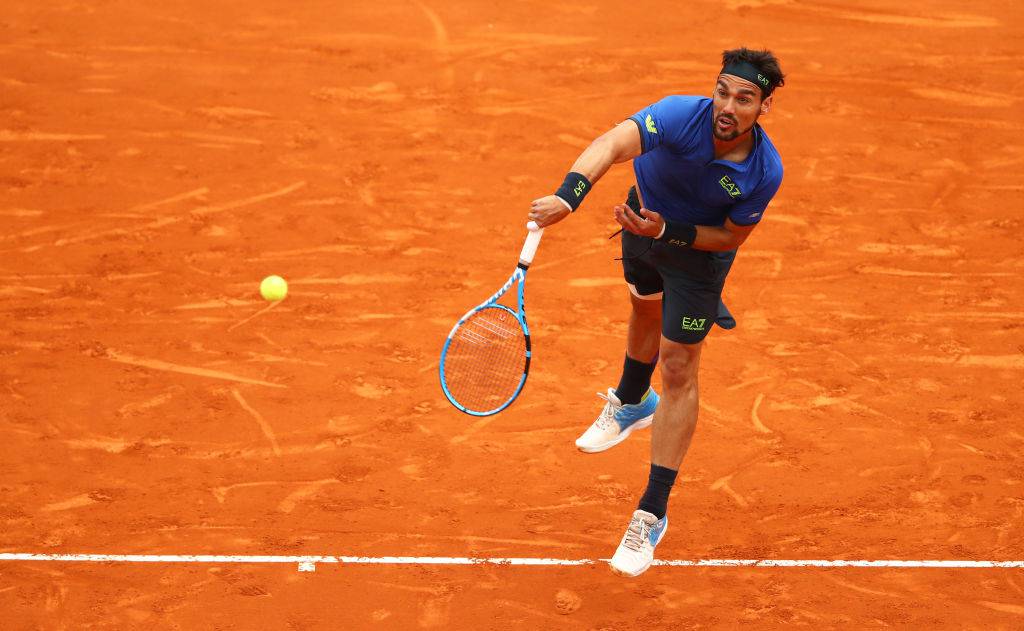 MONTE-CARLO, MONACO - APRIL 21: Fabio Fognini of Italy serves against Dusan Lajovic of Serbia in the men's singles final during day eight of the Rolex Monte-Carlo Masters at Monte-Carlo Country Club on April 21, 2019 in Monte-Carlo, Monaco. (Photo by Clive Brunskill/Getty Images)