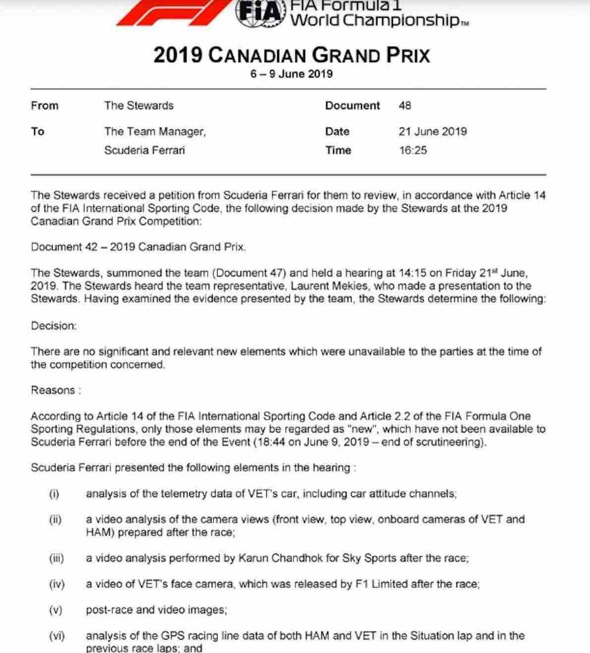 Documento FIA, respinto il ricorso Ferrari per GP Canada