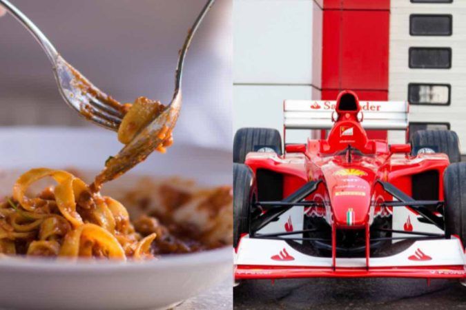 Pasta al ragù accanto a una vettura dei piloti della formula 1