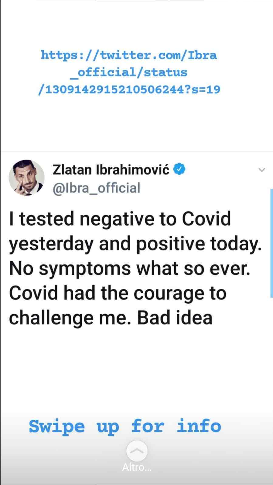 La reazione social di Ibrahimovic al test covid positivo