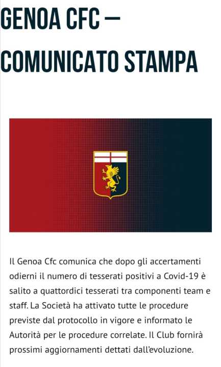 Coronavirus | Genoa, 14 positivi, a rischio la partita con il Torino